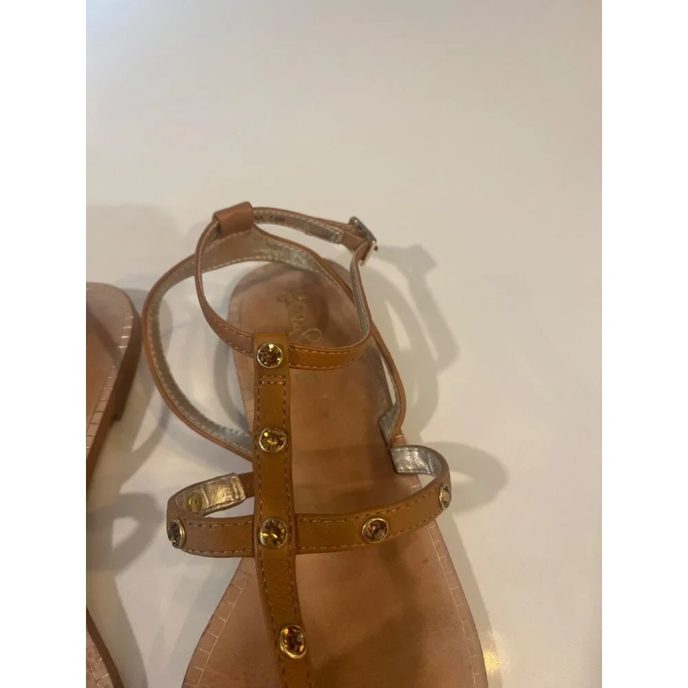 Lilly Pulitzer Tan Leather Sandals W/ Gold Stud Accents Size 7.5M - Picture 3 of 8